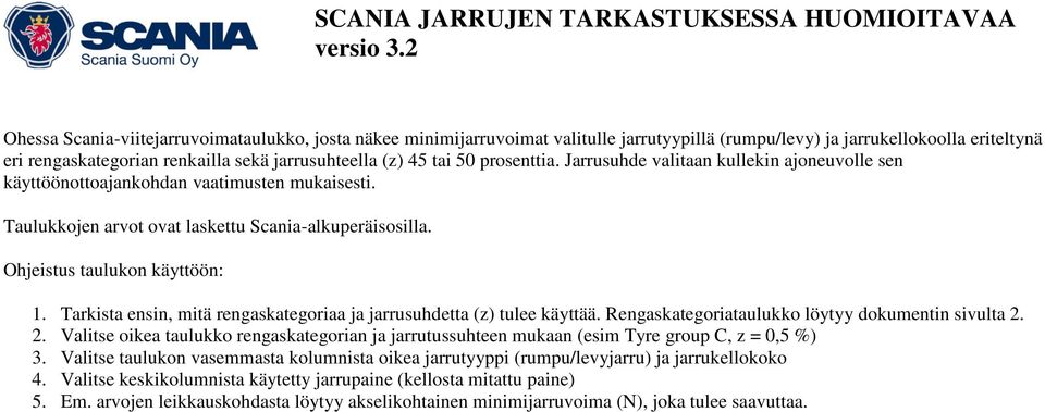 Tarkista ensin, mitä rengaskategoriaa ja jarrusuhdetta (z) tulee käyttää. Rengaskategoriataulukko löytyy dokumentin sivulta 2.