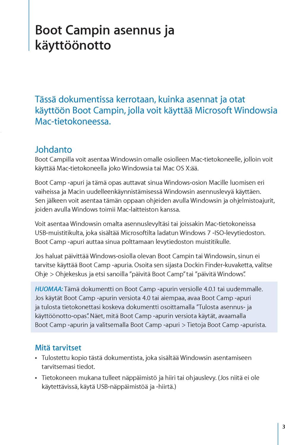 Boot Camp -apuri ja tämä opas auttavat sinua Windows-osion Macille luomisen eri vaiheissa ja Macin uudelleenkäynnistämisessä Windowsin asennuslevyä käyttäen.