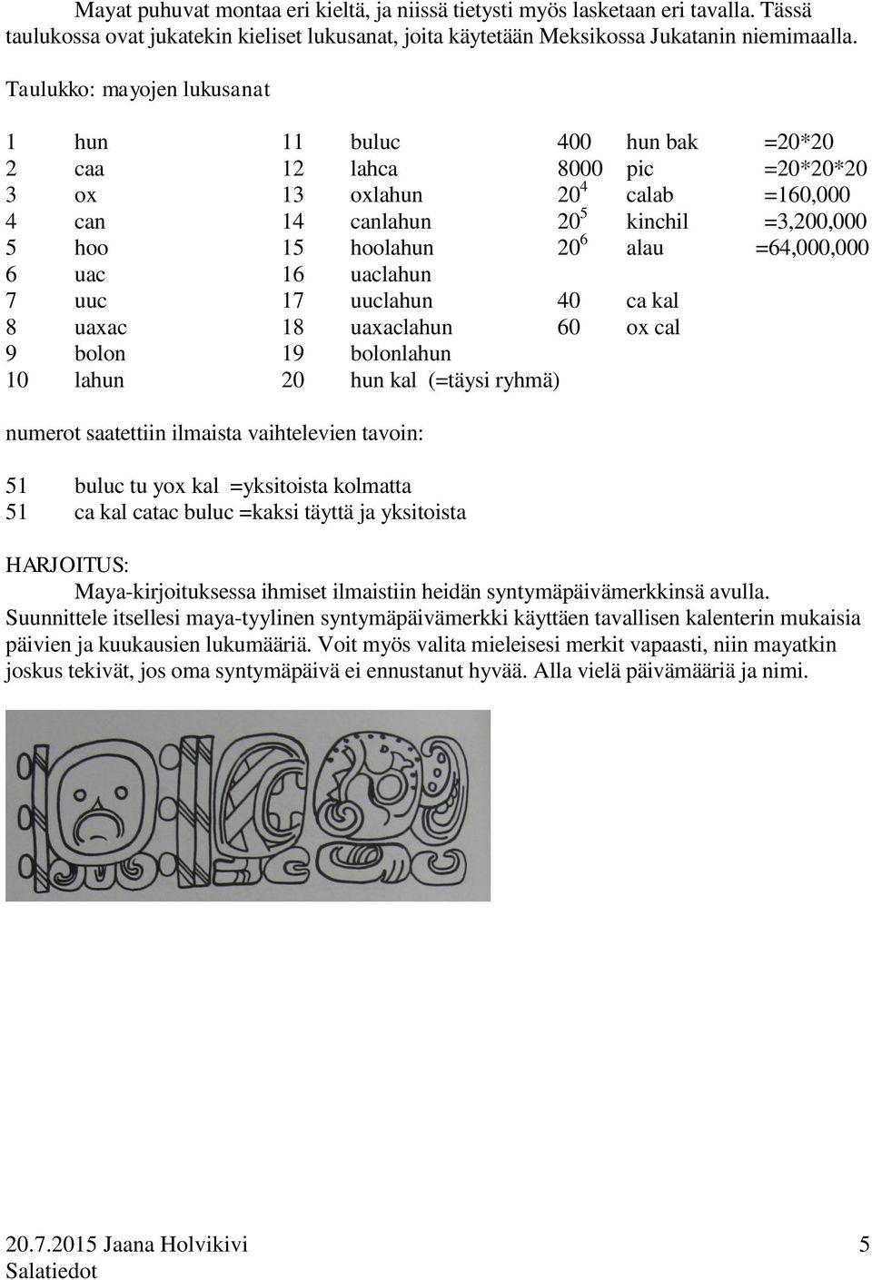 alau =64,000,000 6 uac 16 uaclahun 7 uuc 17 uuclahun 40 ca kal 8 uaxac 18 uaxaclahun 60 ox cal 9 bolon 19 bolonlahun 10 lahun 20 hun kal (=täysi ryhmä) numerot saatettiin ilmaista vaihtelevien