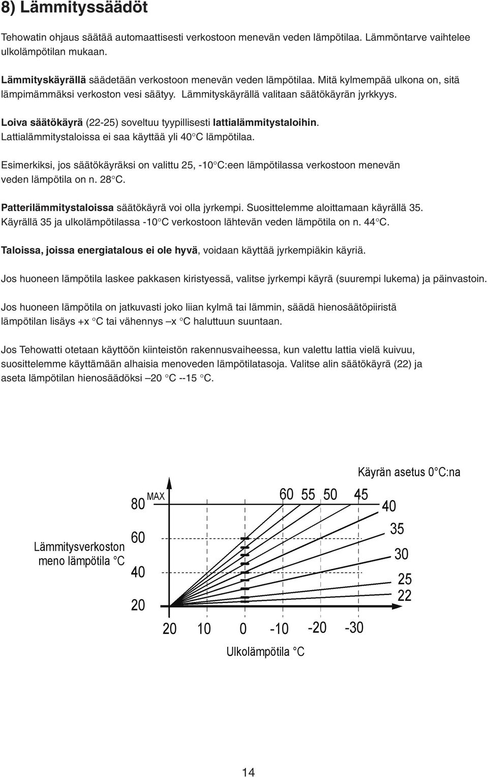 Loiva säätökäyrä (22-25) soveltuu tyypillisesti lattialämmitystaloihin. Lattialämmitystaloissa ei saa käyttää yli 40 C lämpötilaa.