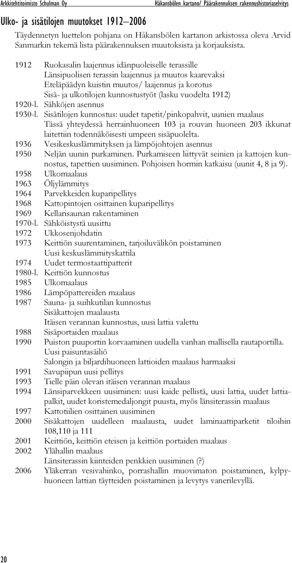 1912 Ruokasalin laajennus idänpuoleiselle terassille Länsipuolisen terassin laajennus ja muutos kaarevaksi Eteläpäädyn kuistin muutos/ laajennus ja korotus Sisä- ja ulkotilojen kunnostustyöt (lasku