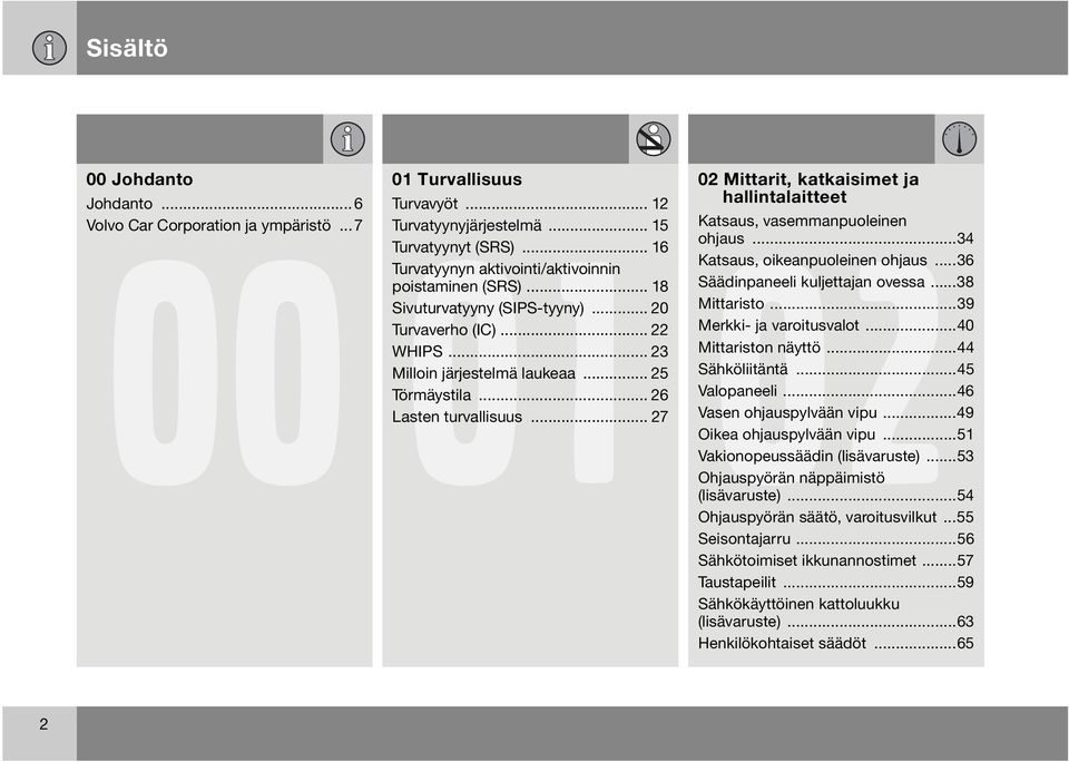 .. 26 Lasten turvallisuus... 27 02 Mittarit, katkaisimet ja hallintalaitteet Katsaus, vasemmanpuoleinen ohjaus...34 Katsaus, oikeanpuoleinen ohjaus...36 Säädinpaneeli kuljettajan ovessa...38 Mittaristo.