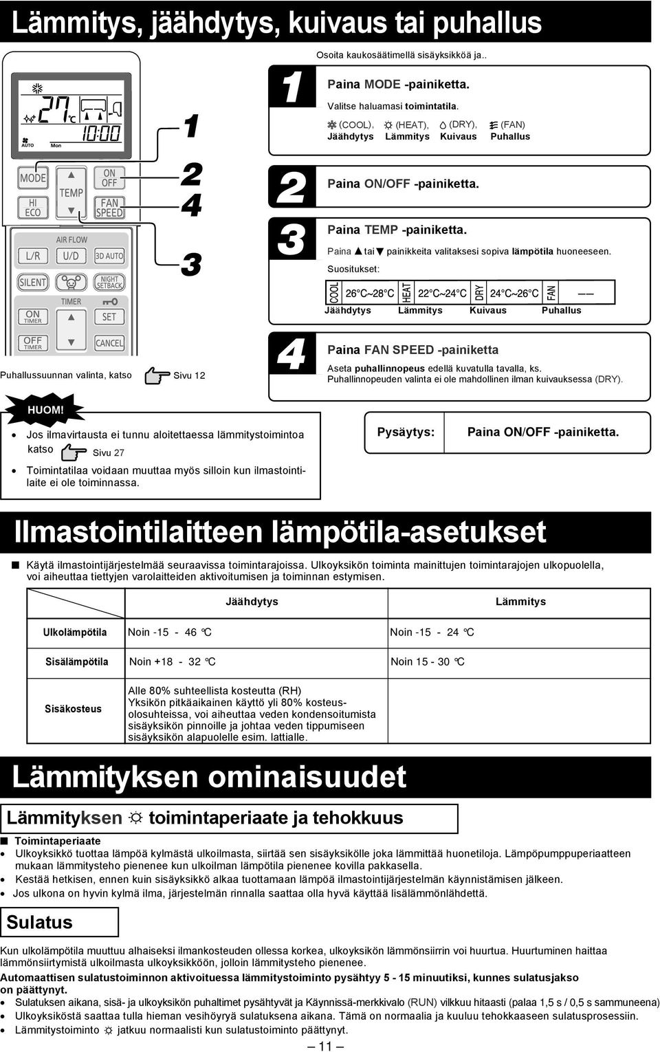 Suositukset: Puhallussuunnan valinta, katso Sivu 4 Jäähdytys Lämmitys Kuivaus Puhallus Paina FAN SPEED painiketta Aseta puhallinnopeus edellä kuvatulla tavalla, ks.