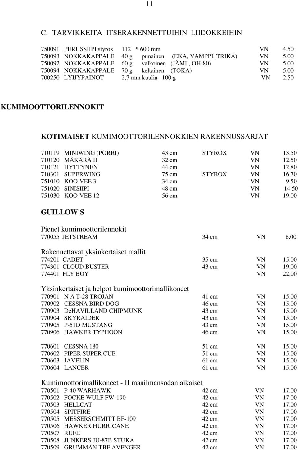 50 KUMIMOOTTORILENNOKIT KOTIMAISET KUMIMOOTTORILENNOKKIEN RAKENNUSSARJAT 710119 MINIWING (PÖRRI) 43 cm STYROX VN 13.50 710120 MÄKÄRÄ II 32 cm VN 12.50 710121 HYTTYNEN 44 cm VN 12.