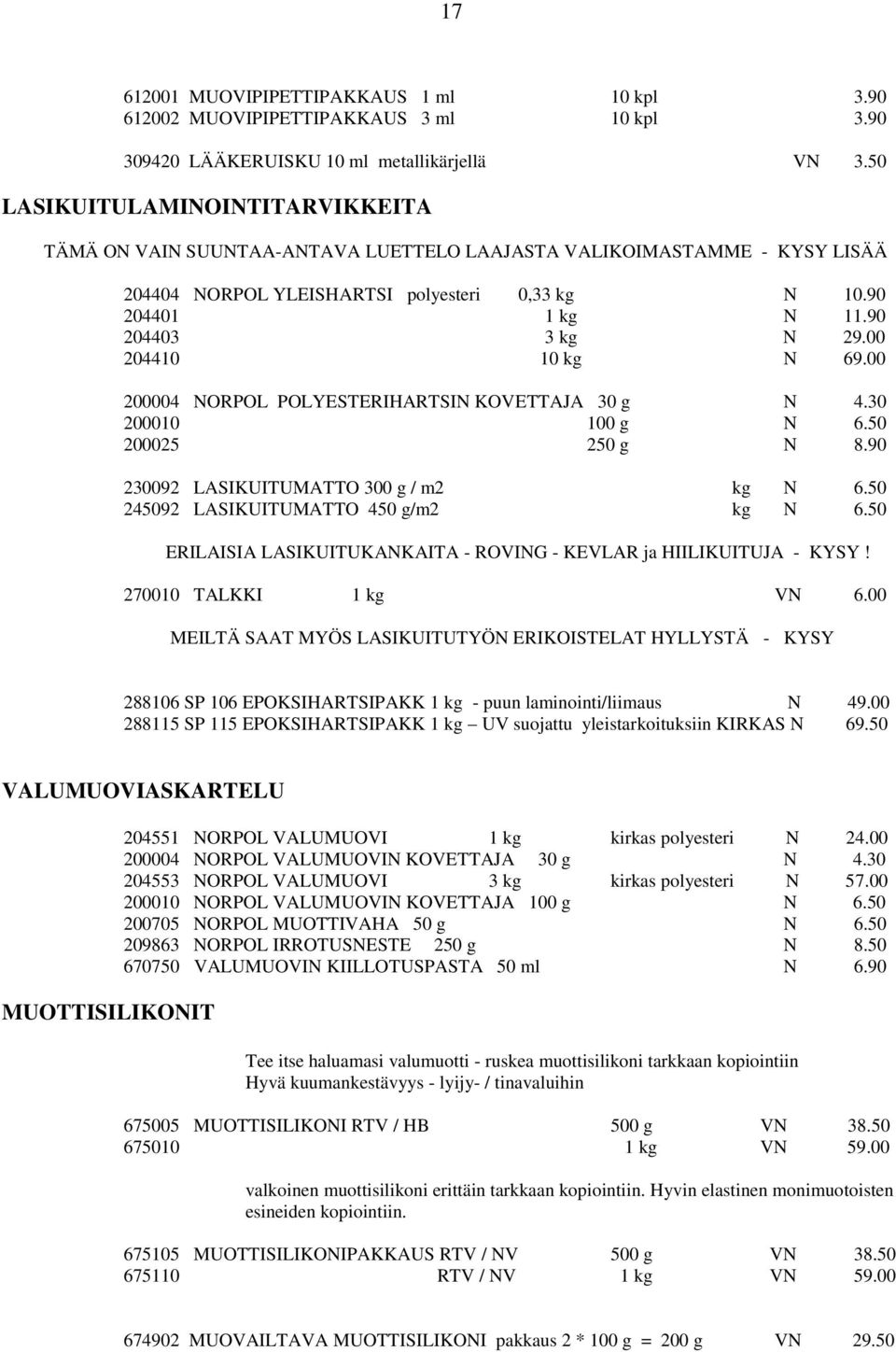 00 204410 10 kg N 69.00 200004 NORPOL POLYESTERIHARTSIN KOVETTAJA 30 g N 4.30 200010 100 g N 6.50 200025 250 g N 8.90 230092 LASIKUITUMATTO 300 g / m2 kg N 6.50 245092 LASIKUITUMATTO 450 g/m2 kg N 6.