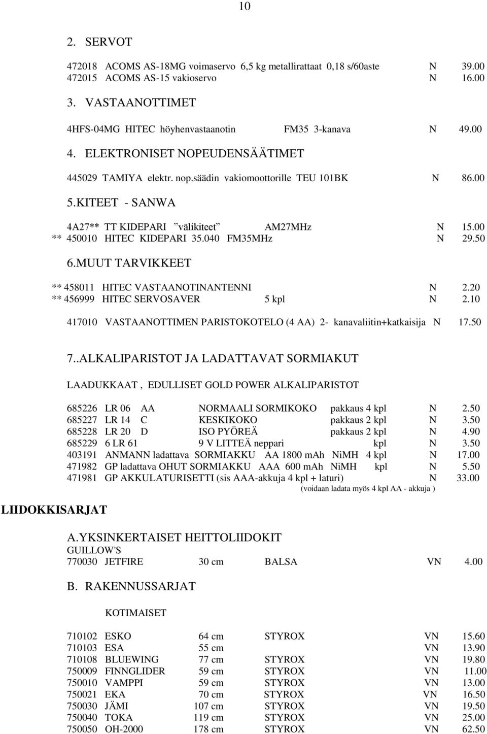 040 FM35MHz N 29.50 6.MUUT TARVIKKEET ** 458011 HITEC VASTAANOTINANTENNI N 2.20 ** 456999 HITEC SERVOSAVER 5 kpl N 2.10 417010 VASTAANOTTIMEN PARISTOKOTELO (4 AA) 2- kanavaliitin+katkaisija N 17.