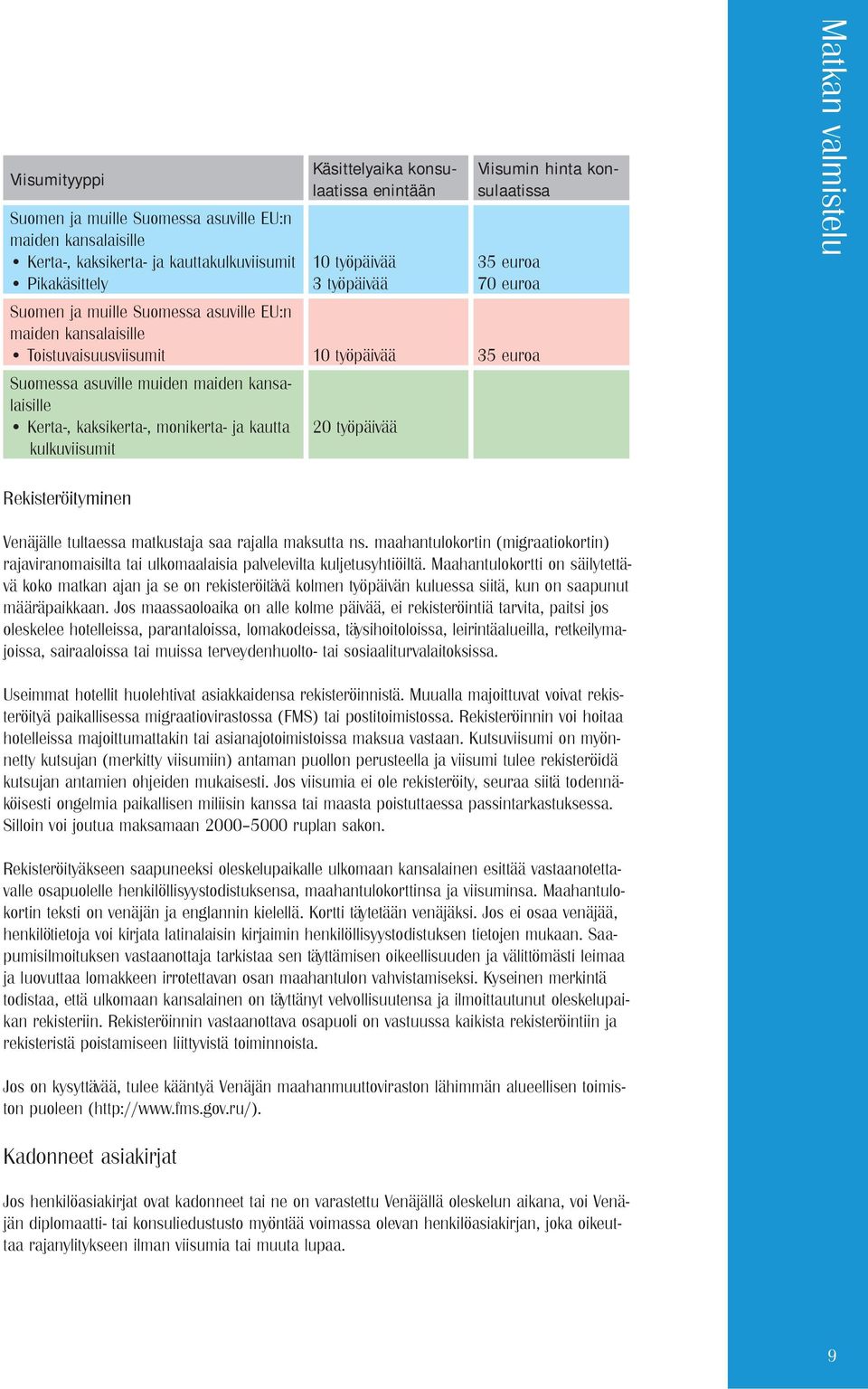 Kerta-, kaksikerta-, monikerta- ja kautta kulkuviisumit 20 työpäivää Matkan valmistelu Rekisteröityminen Venäjälle tultaessa matkustaja saa rajalla maksutta ns.