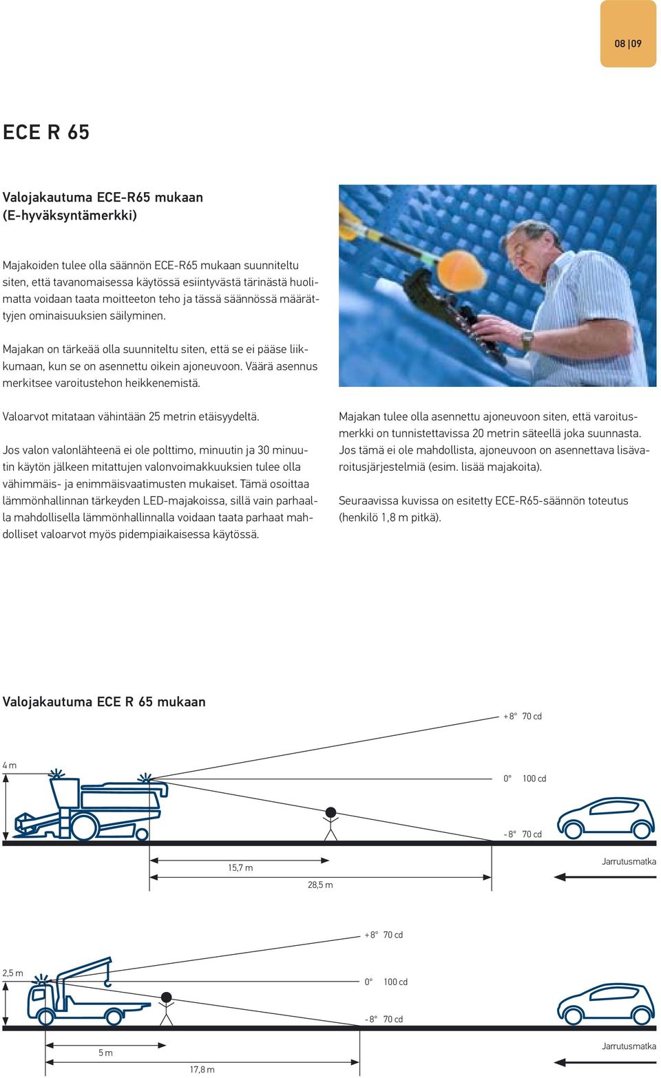 Väärä asennus merkitsee varoitustehon heikkenemistä. Valoarvot mitataan vähintään 25 metrin etäisyydeltä.