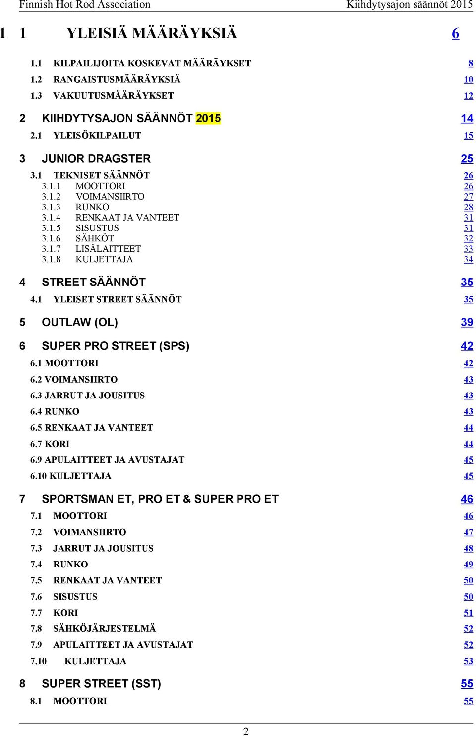 1 35 YLEISET STREET SÄÄNNÖT 35 5 OUTLAW (OL) 39 6 SUPER PRO STREET (SPS) 42 7 6.1 MOOTTORI 42 6.2 VOIMANSIIRTO 43 6.3 JARRUT JA JOUSITUS 43 6.4 RUNKO 43 6.5 RENKAAT JA VANTEET 44 6.7 KORI 44 6.