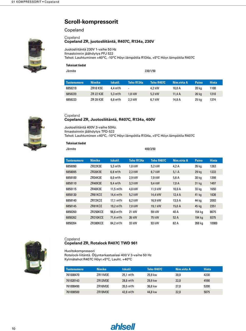 virta A Paino Hinta 6858219 ZR18 K5E 4,4 m³/h - 4,2 kw 10,0 A 20 kg 1100 6858220 ZR 22 K3E 5,3 m³/h 1,8 kw 5,2 kw 11,4 A 26 kg 1310 6858223 ZR 28 K3E 6,8 m³/h 2,3 kw 6,7 kw 14,8 A 25 kg 1374 Copeland