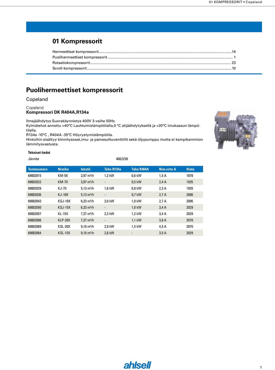 Kylmätehot annettu +40 C Lauhtumislämpötilalla,0 C alijäähdytyksellä ja +20 C imukaasun lämpötilalla. R134a -10 C, R404A -35 C Höyrystymislämpötila.