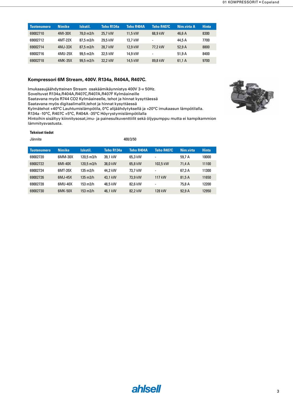 69002716 4MU-25X 99,5 m3/h 32,5 kw 14,9 kw - 51,9 A 8400 69002718 4MK-35X 99,5 m3/h 32,2 kw 14,5 kw 89,8 kw 61,1 A 9700 Kompressori 6M Stream, 400V. R134a, R404A, R407C.