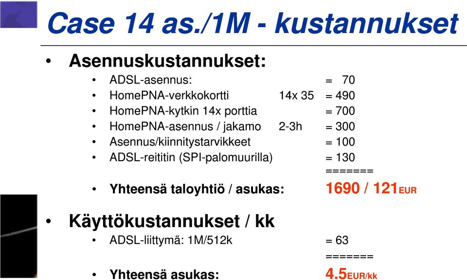 HomePNA-kytkin 14x porttia =700 HomePNA-asennus / jakamo 2-3h = 300 Asennus/kiinnitystarvikkeet = 100