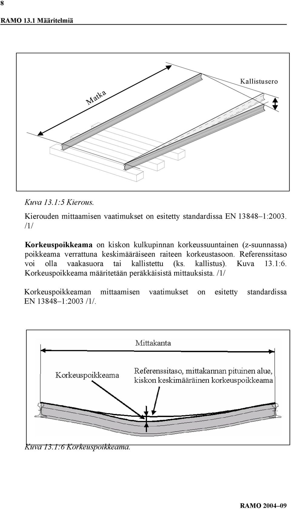 /1/ Korkeuspoikkeama on kiskon kulkupinnan korkeussuuntainen (z-suunnassa) poikkeama verrattuna keskimääräiseen raiteen korkeustasoon.