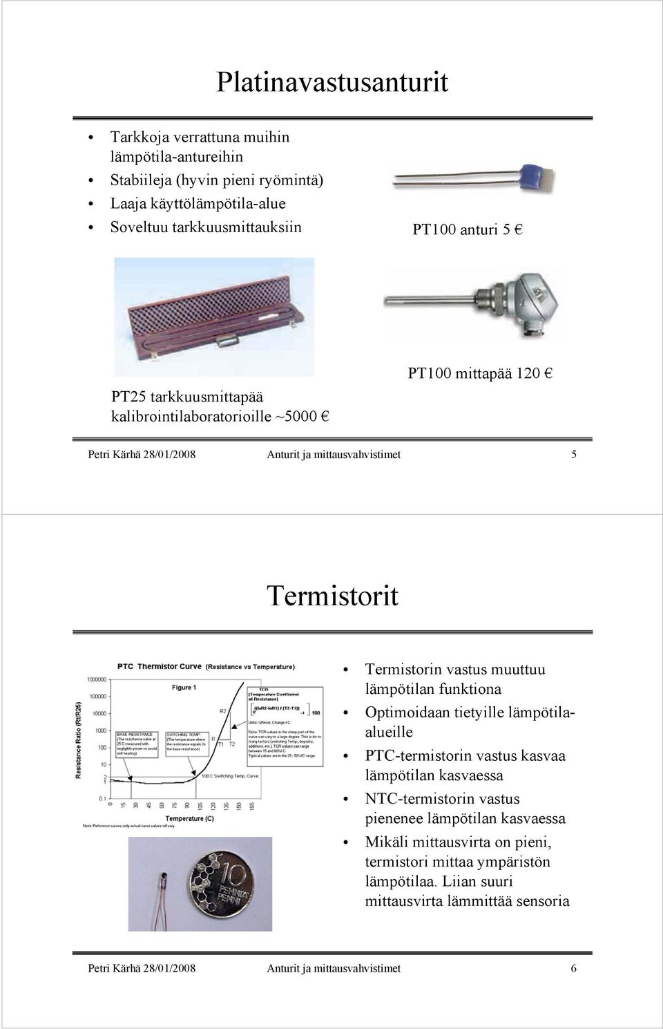 muuttuu lämpötilan funktiona Optimoidaan tietyille lämpötilaalueille PTC-termistorin vastus kasvaa lämpötilan kasvaessa NTC-termistorin vastus pienenee lämpötilan