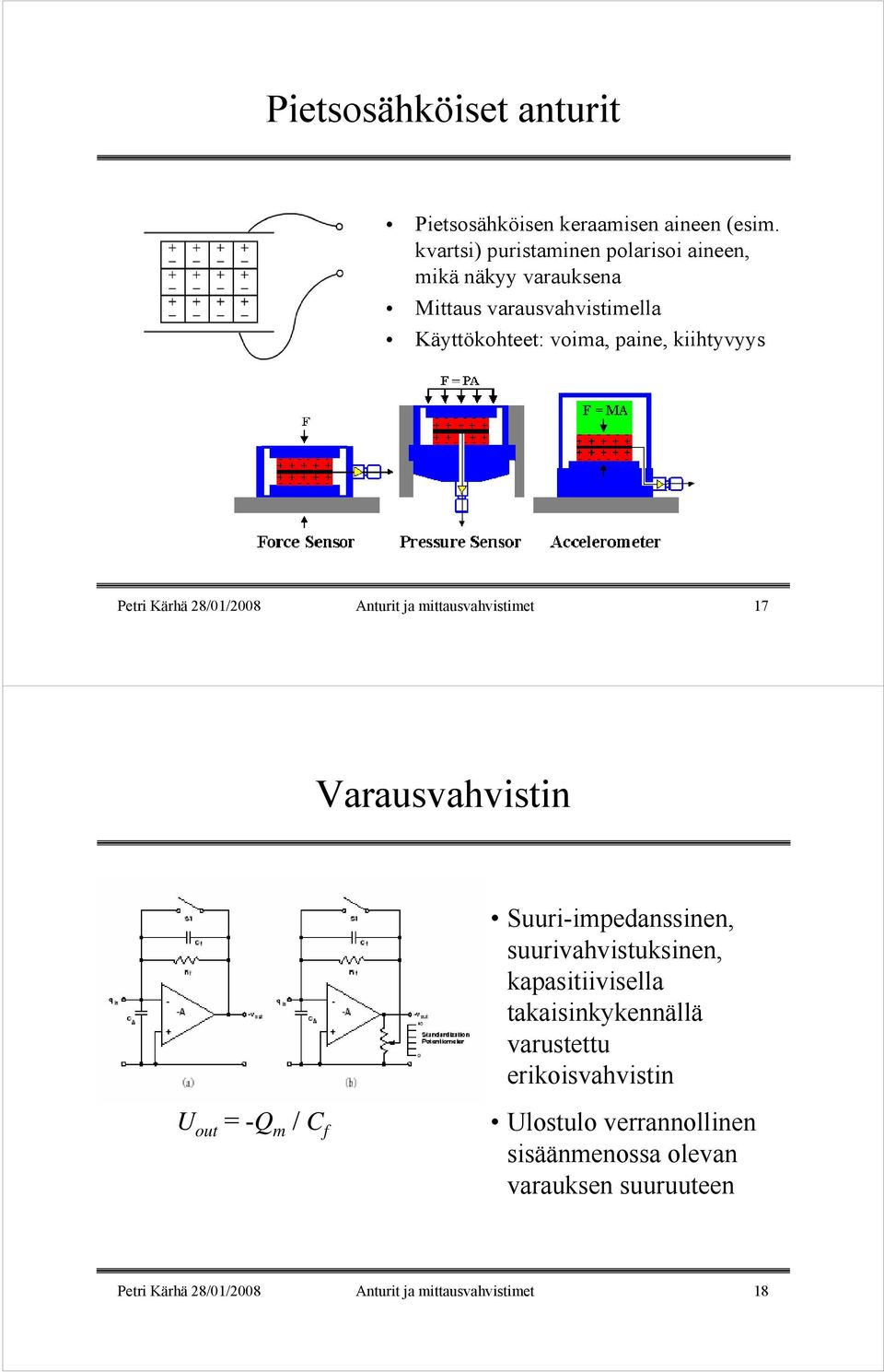 kiihtyvyys Petri Kärhä 28/01/2008 Anturit ja mittausvahvistimet 17 Varausvahvistin Suuri-impedanssinen, suurivahvistuksinen,