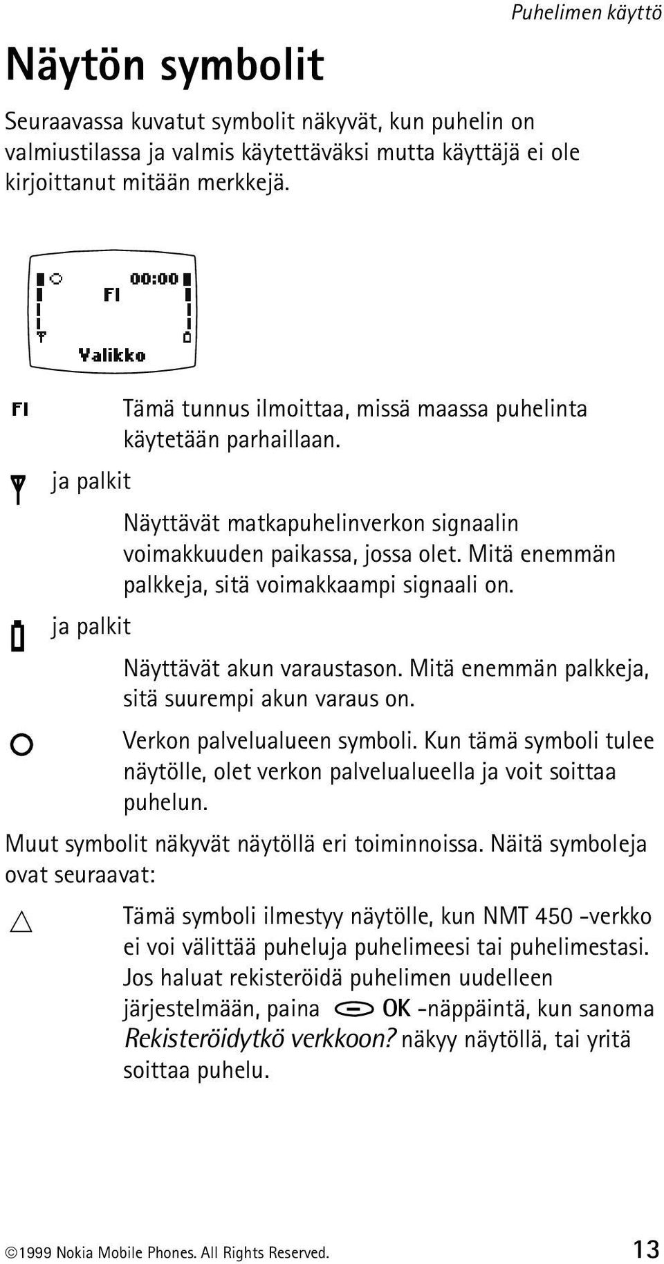 Mitä enemmän palkkeja, sitä voimakkaampi signaali on. ja palkit Näyttävät akun varaustason. Mitä enemmän palkkeja, sitä suurempi akun varaus on. Verkon palvelualueen symboli.