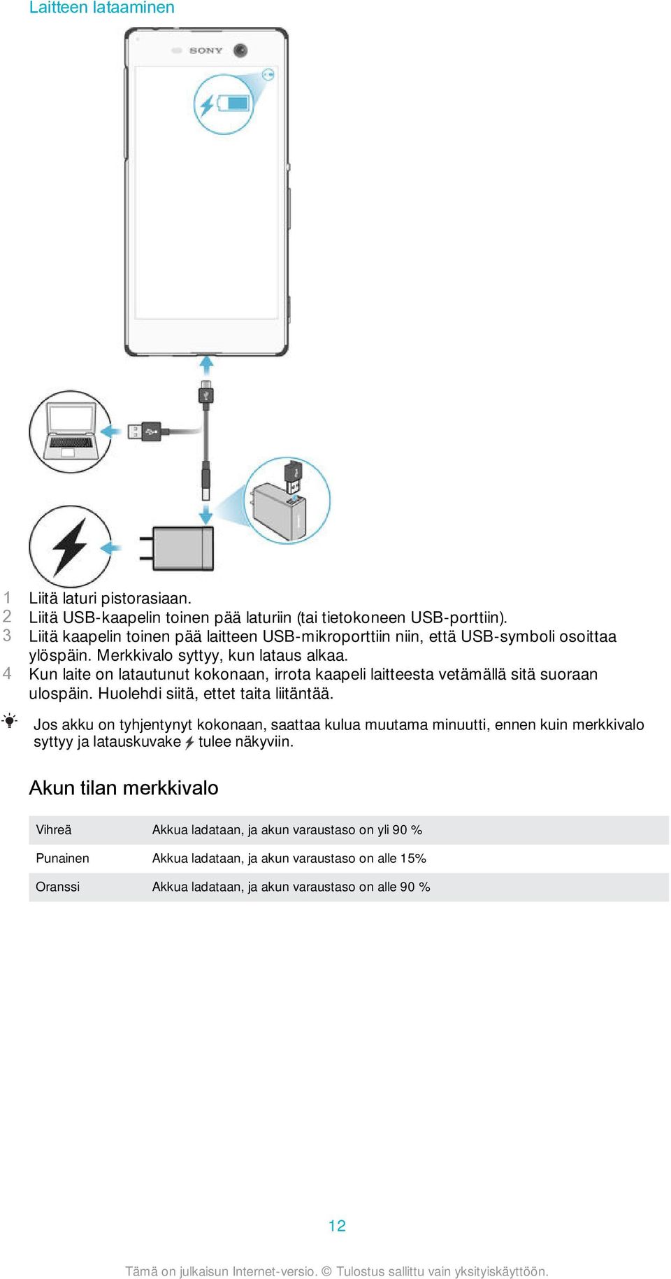 4 Kun laite on latautunut kokonaan, irrota kaapeli laitteesta vetämällä sitä suoraan ulospäin. Huolehdi siitä, ettet taita liitäntää.