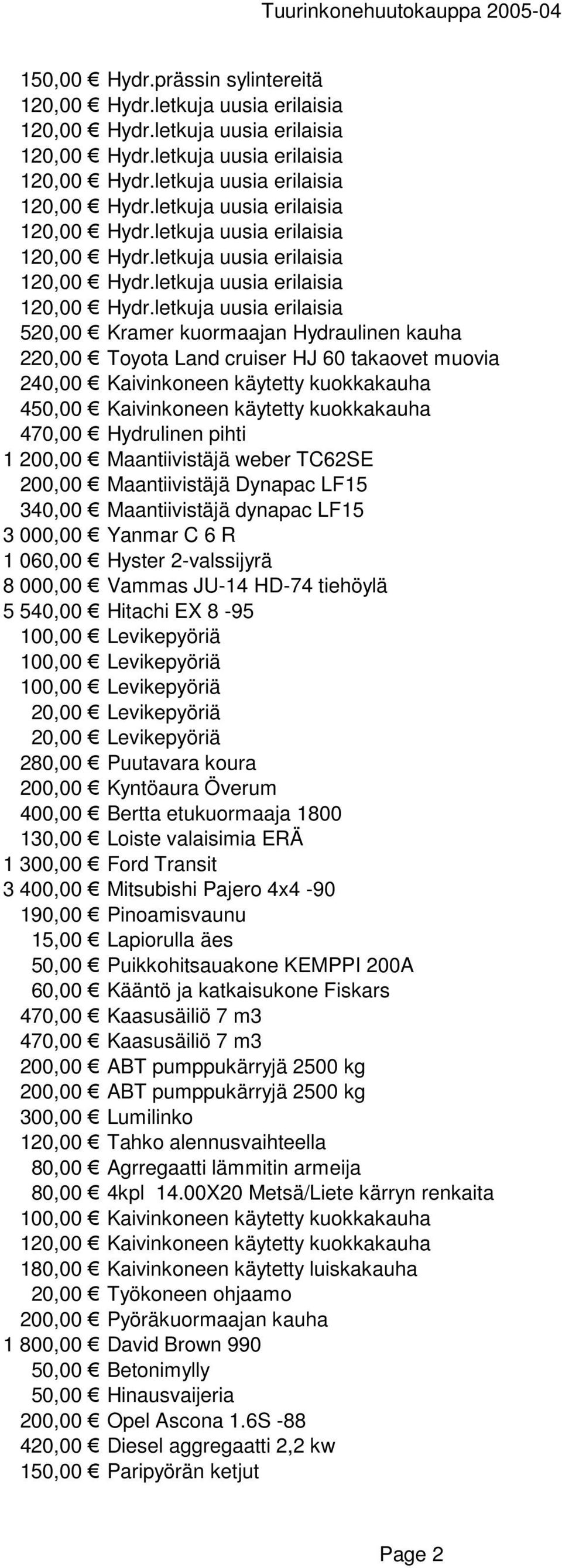 470,00 Hydrulinen pihti 1 200,00 Maantiivistäjä weber TC62SE 200,00 Maantiivistäjä Dynapac LF15 340,00 Maantiivistäjä dynapac LF15 3 000,00 Yanmar C 6 R 1 060,00 Hyster 2-valssijyrä 8 000,00 Vammas