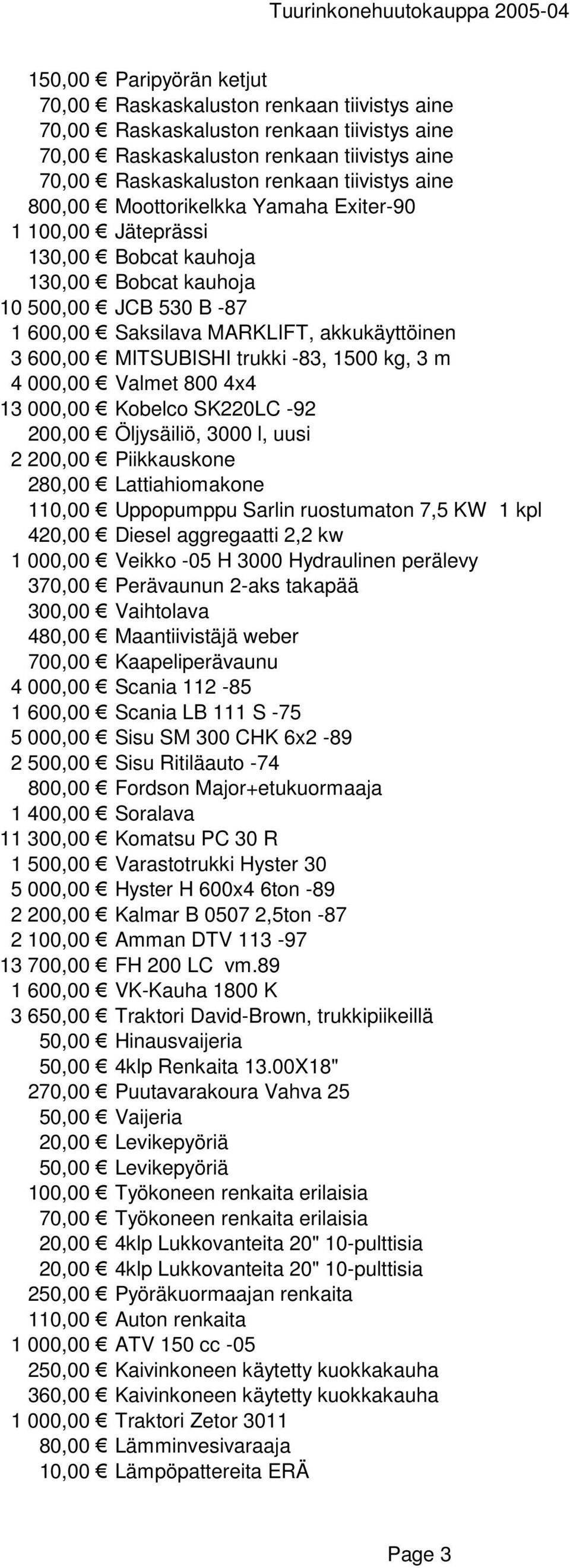 trukki -83, 1500 kg, 3 m 4 000,00 Valmet 800 4x4 13 000,00 Kobelco SK220LC -92 200,00 Öljysäiliö, 3000 l, uusi 2 200,00 Piikkauskone 280,00 Lattiahiomakone 110,00 Uppopumppu Sarlin ruostumaton 7,5 KW