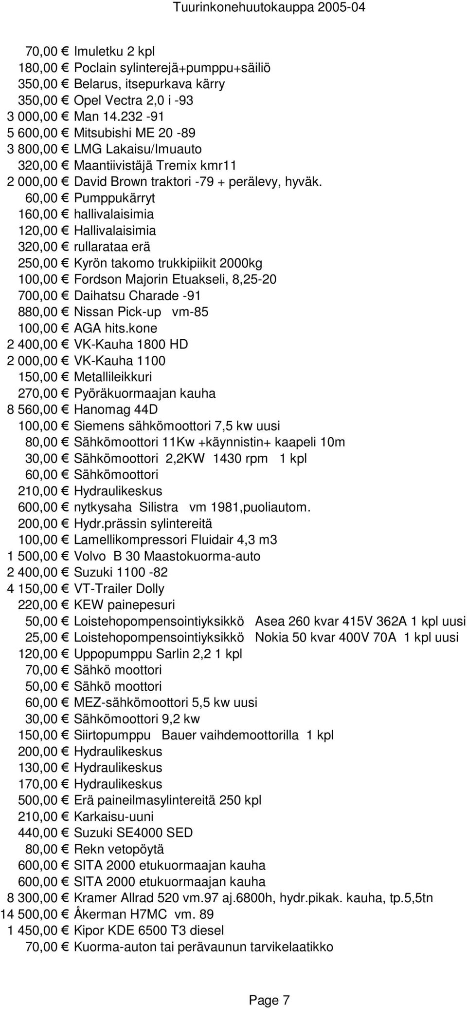 60,00 Pumppukärryt 160,00 hallivalaisimia 120,00 Hallivalaisimia 320,00 rullarataa erä 250,00 Kyrön takomo trukkipiikit 2000kg 100,00 Fordson Majorin Etuakseli, 8,25-20 700,00 Daihatsu Charade -91