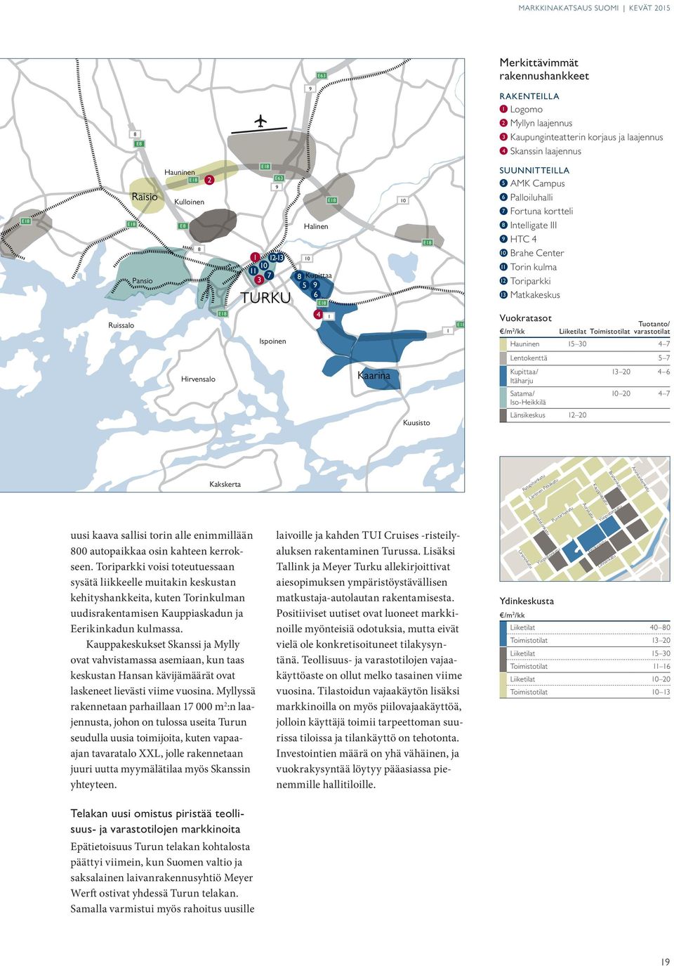 11 Torin kulma 12 Toriparkki 1 13 Matkakeskus E18 Vuokratasot Tuotanto/ /m 2 /kk Liiketilat Toimistotilat varastotilat Hauninen 15 30 Piikkiö 7 Lentokenttä 5 7 Hirvensalo Kaarina Kupittaa/ Itäharju