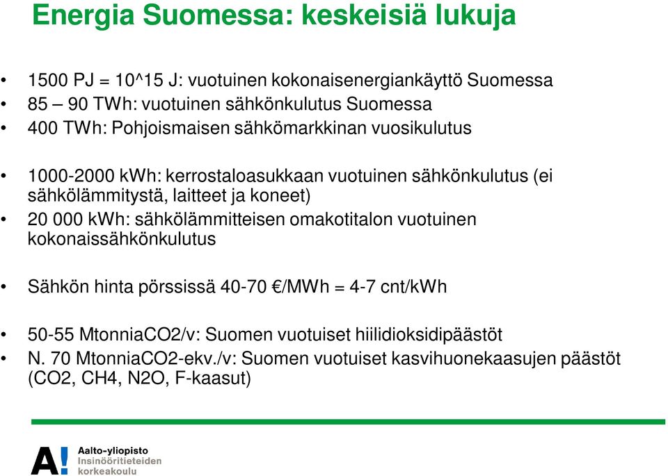 koneet) 20 000 kwh: sähkölämmitteisen omakotitalon vuotuinen kokonaissähkönkulutus Sähkön hinta pörssissä 40-70 /MWh = 4-7 cnt/kwh 50-55