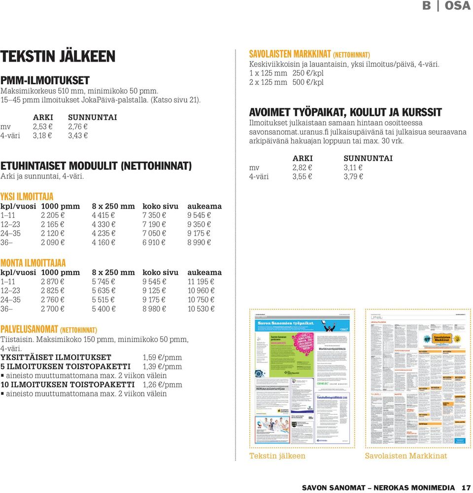 SAVOLAISTEN MARKKINAT (NETTOHINNAT) Keskiviikkoisin ja lauantaisin, yksi ilmoitus/päivä, 4-väri.