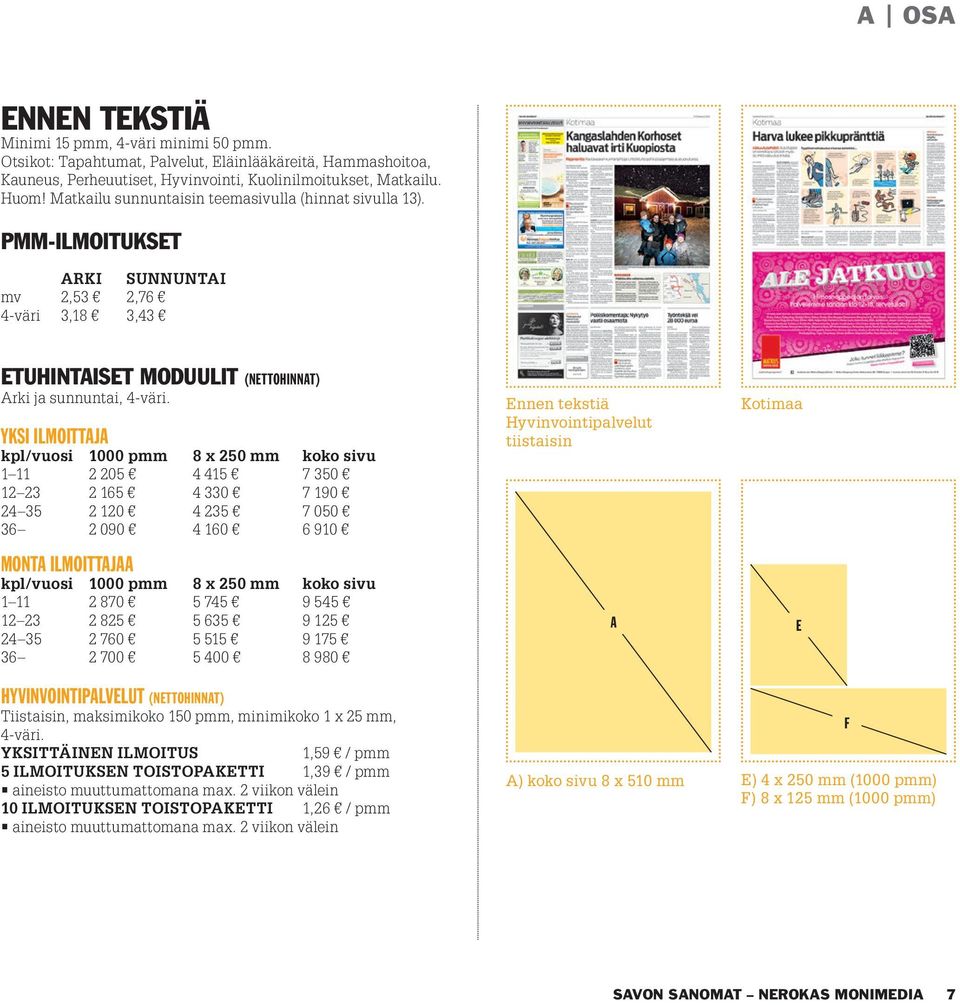 YKSI ILMOITTAJA kpl/vuosi 1000 pmm 8 x 250 mm koko sivu 1 11 2 205 4 415 7 350 12 23 2 165 4 330 7 190 24 35 2 120 4 235 7 050 36 2 090 4 160 6 910 MONTA ILMOITTAJAA kpl/vuosi 1000 pmm 8 x 250 mm