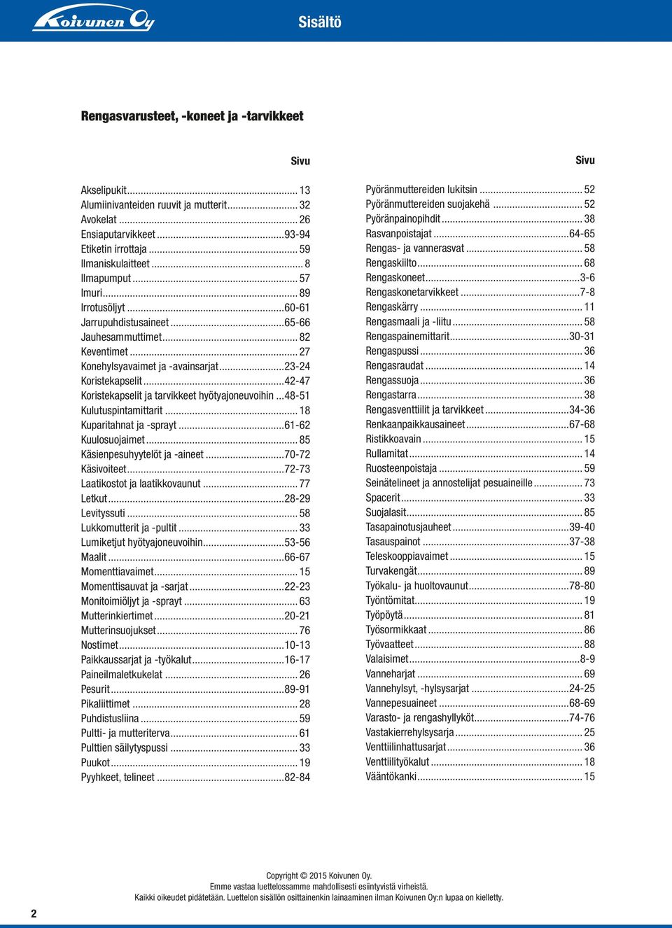 ..42-47 Koristekapselit ja tarvikkeet hyötyajoneuvoihin...48-51 Kulutuspintamittarit... 18 Kuparitahnat ja -sprayt...61-62 Kuulosuojaimet... 85 Käsienpesuhyytelöt ja -aineet...70-72 Käsivoiteet.