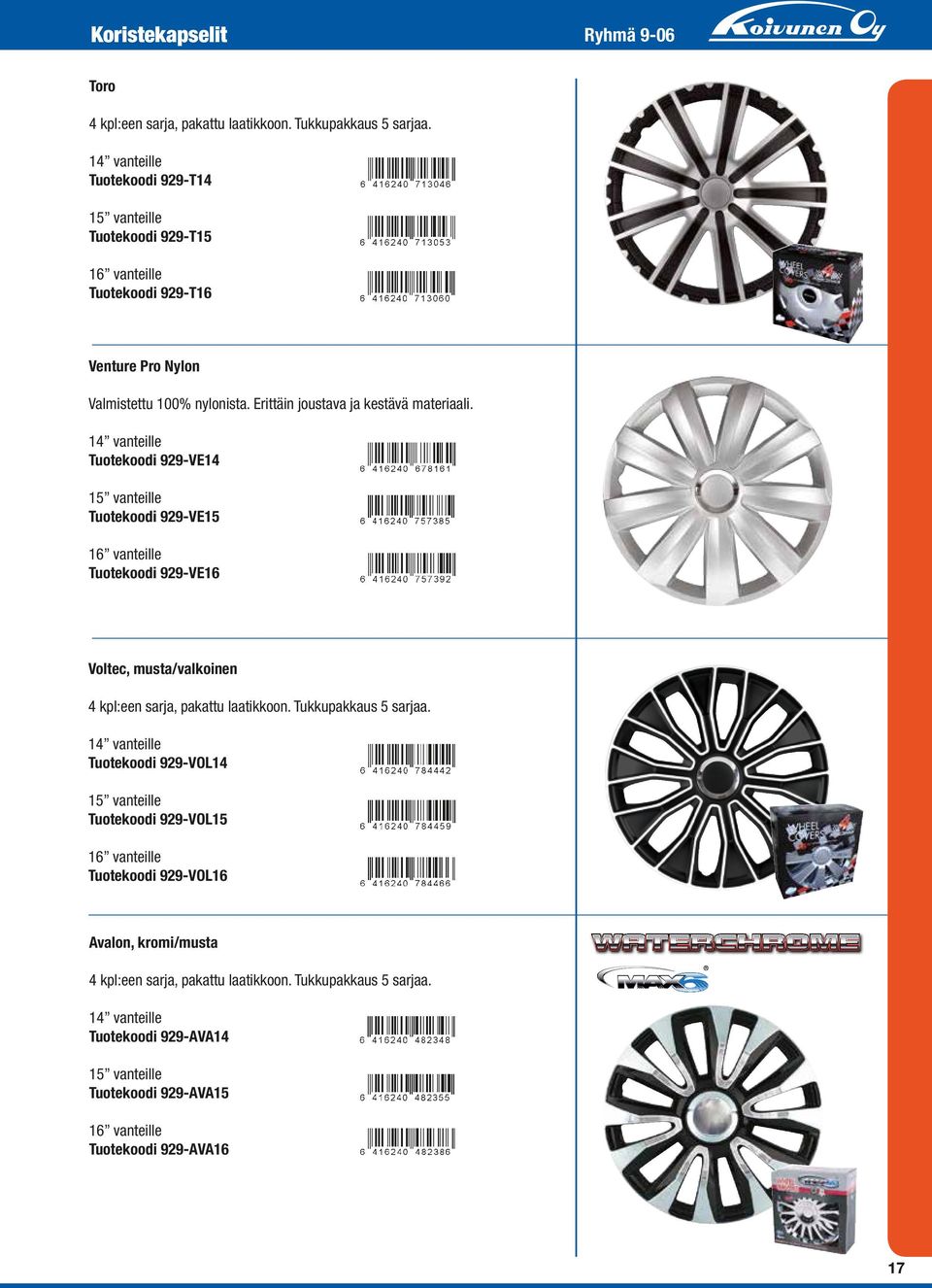 14 vanteille Tuotekoodi 929-VE14 15 vanteille Tuotekoodi 929-VE15 16 vanteille Tuotekoodi 929-VE16 Voltec, musta/valkoinen 4 kpl:een sarja, pakattu laatikkoon. Tukkupakkaus 5 sarjaa.