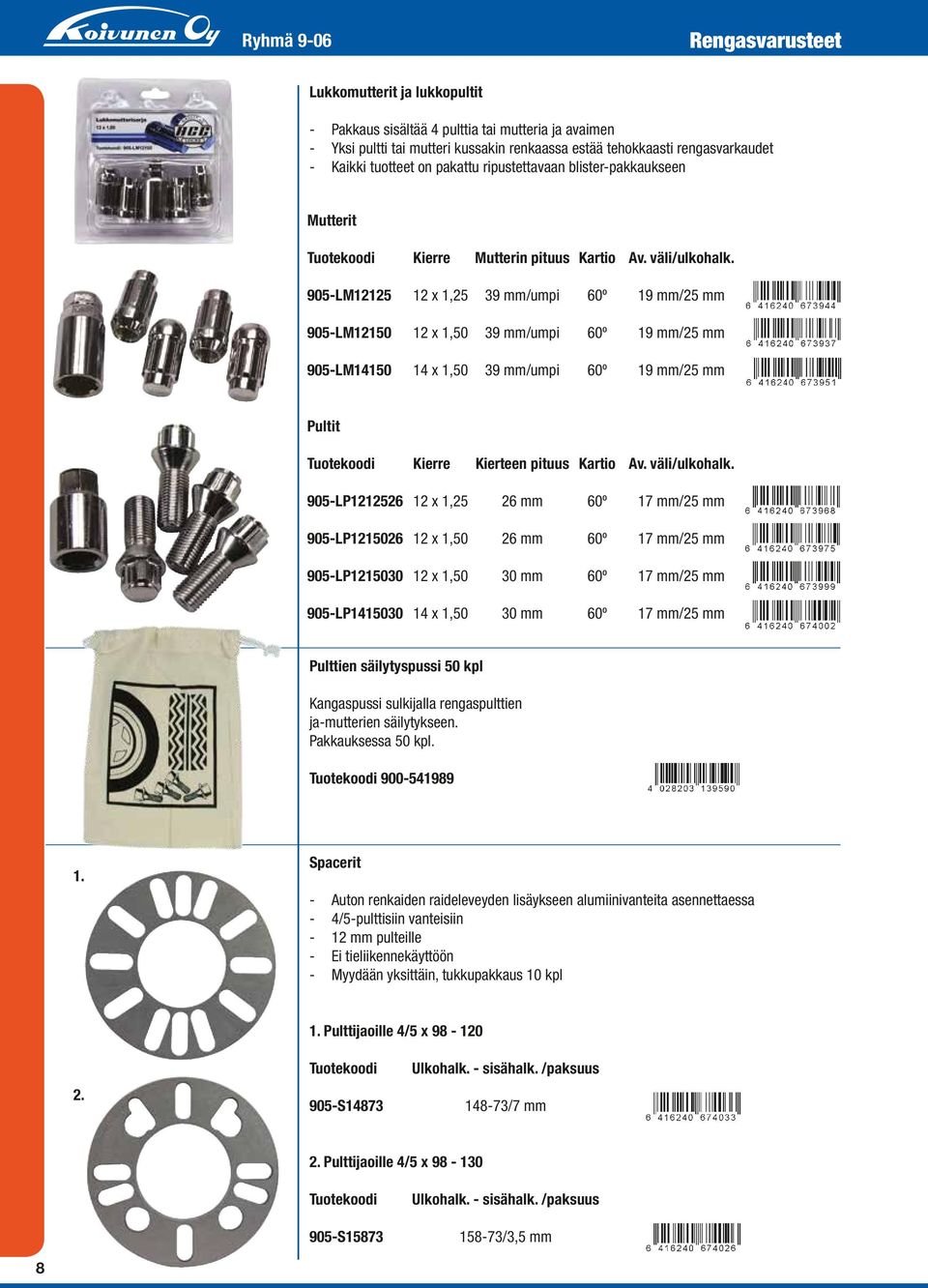 905-LM12125 12 x 1,25 39 mm/umpi 60º 19 mm/25 mm 905-LM12150 12 x 1,50 39 mm/umpi 60º 19 mm/25 mm 905-LM14150 14 x 1,50 39 mm/umpi 60º 19 mm/25 mm Pultit Tuotekoodi Kierre Kierteen pituus Kartio Av.