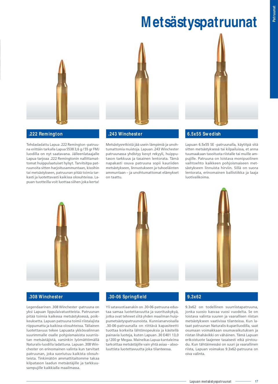Tarvitsitpa patruunoita sitten harjoitusammuntaan, kisoihin tai metsästykseen, patruunan pitää toimia tarkasti ja luotettavasti kaikissa olosuhteissa. Lapuan tuotteilla voit luottaa siihen joka kerta!