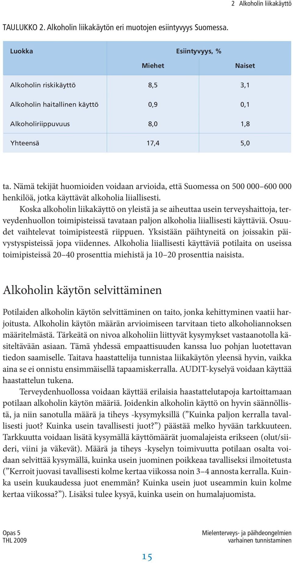 Nämä tekijät huomioiden voidaan arvioida, että Suomessa on 500 000 600 000 henkilöä, jotka käyttävät alkoholia liiallisesti.