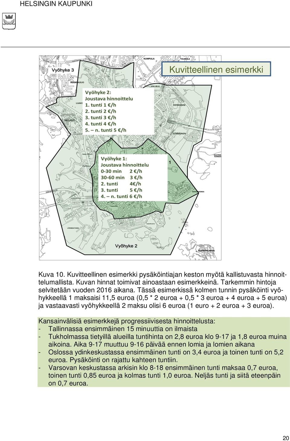 Tässä esimerkissä kolmen tunnin pysäköinti vyöhykkeellä 1 maksaisi 11,5 euroa (0,5 * 2 euroa + 0,5 * 3 euroa + 4 euroa + 5 euroa) ja vastaavasti vyöhykkeellä 2 maksu olisi 6 euroa (1 euro + 2 euroa +