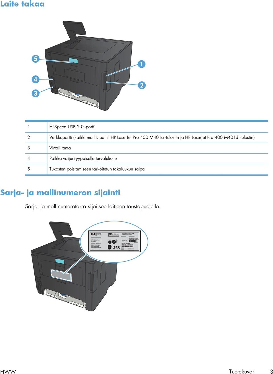 LaserJet Pro 400 M401d -tulostin) 3 Virtaliitäntä 4 Paikka vaijerityyppiselle turvalukolle 5