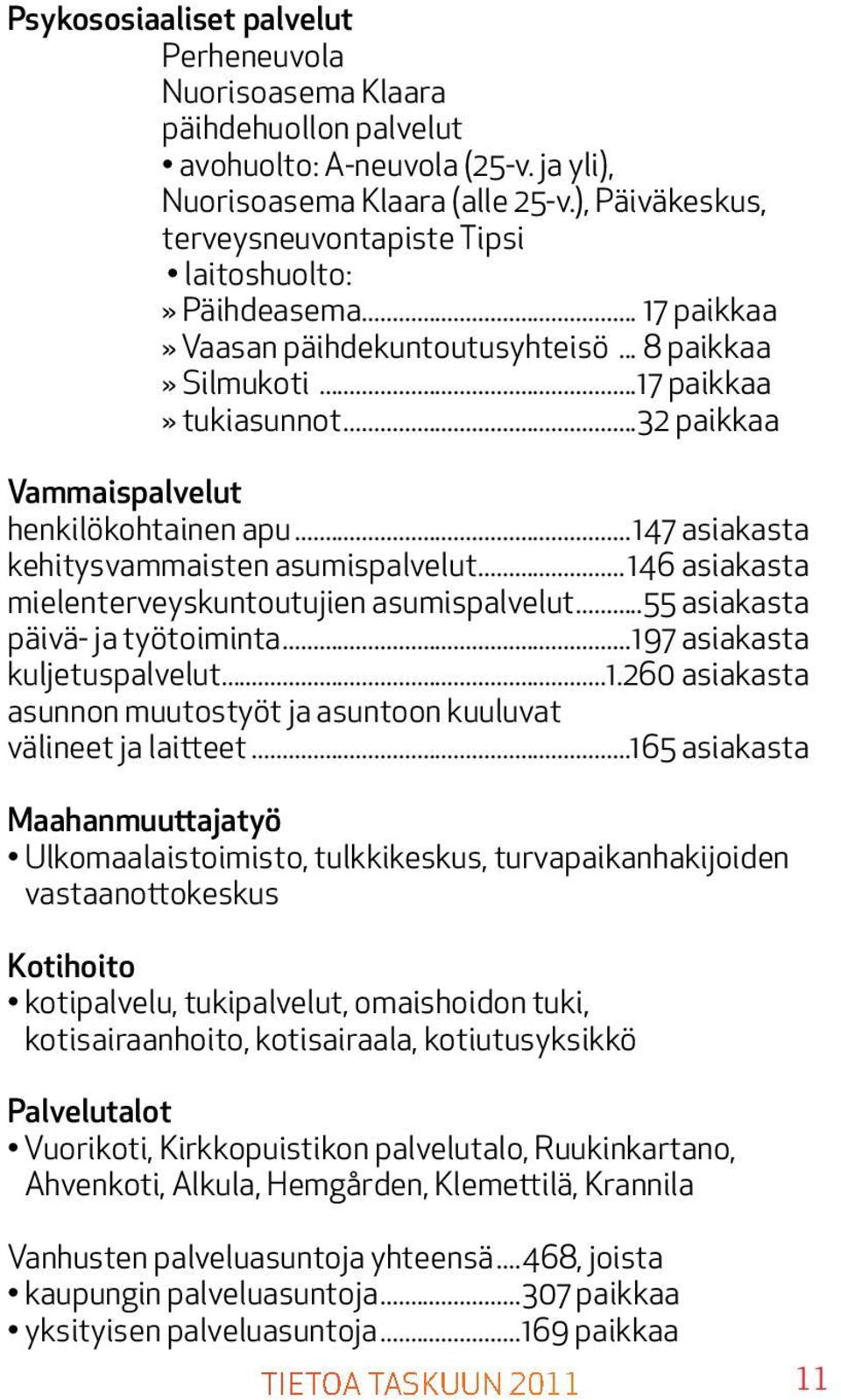 ..32 paikkaa Vammaispalvelut henkilökohtainen apu 147 asiakasta kehitysvammaisten asumispalvelut 146 asiakasta mielenterveyskuntoutujien asumispalvelut 55 asiakasta päivä- ja työtoiminta 197