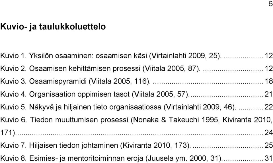Organisaation oppimisen tasot (Viitala 2005, 57).... 21 Kuvio 5. Näkyvä ja hiljainen tieto organisaatiossa (Virtainlahti 2009, 46).... 22 Kuvio 6.