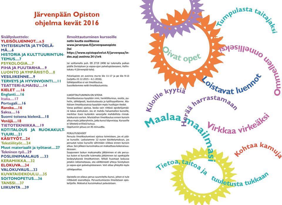 ..9 KOTITALOUS JA RUOKAKULT- TUURI...2 KÄSITYÖT...24 Tekstiilityöt...24 Muut materiaalit ja työtavat...27 Tekninen työ...29 POSLIINIMAALAUS...33 KERAMIIKKA...32 ELOKUVA...34 VALOKUVAUS.