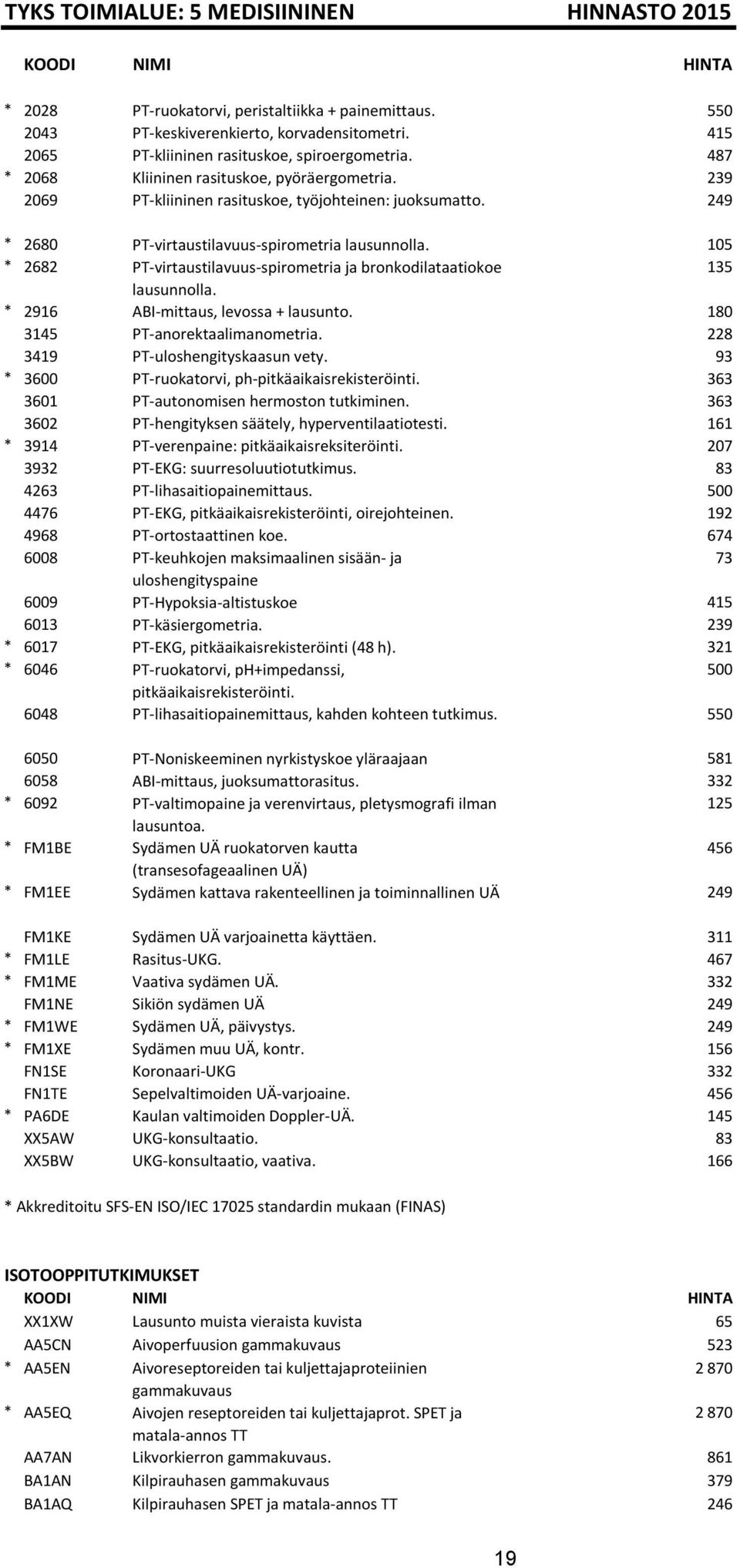 105 * 2682 PT-virtaustilavuus-spirometria ja bronkodilataatiokoe 135 lausunnolla. * 2916 ABI-mittaus, levossa + lausunto. 180 3145 PT-anorektaalimanometria. 228 3419 PT-uloshengityskaasun vety.