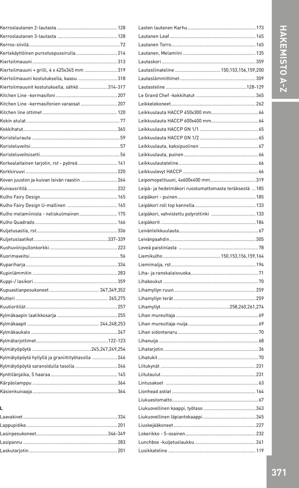 .. 120 Kokin atulat...77 Kokkihatut... 365 Koristelurauta...59 Koristeluveitsi...57 Koristeluveitsisetti...56 Korkealaitainen tarjotin, rst - pyöreä... 141 Korkkiruuvi.