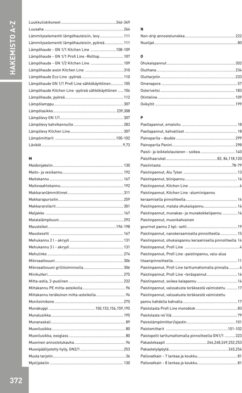 .. 110 Lämpöhaude GN 1/1 Profi Line sähkökäyttöinen... 105 Lämpöhaude Kitchen Line -pyöreä sähkökäyttöinen... 104 Lämpöhaude, pyöreä... 112 Lämpölamppu... 307 Lämpölasikko... 239,308 Lämpölevy GN 1/1.