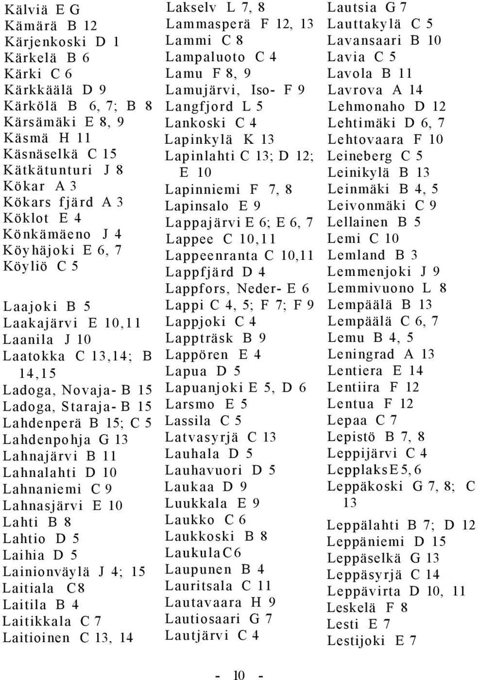 Lahnajärvi B 11 Lahnalahti D 10 Lahnaniemi C 9 Lahnasjärvi E 10 Lahti B 8 Lahtio D 5 Laihia D 5 Lainionväylä J 4; 15 Laitiala C8 Laitila B 4 Laitikkala C 7 Laitioinen C 13, 14 Lakselv L 7, 8