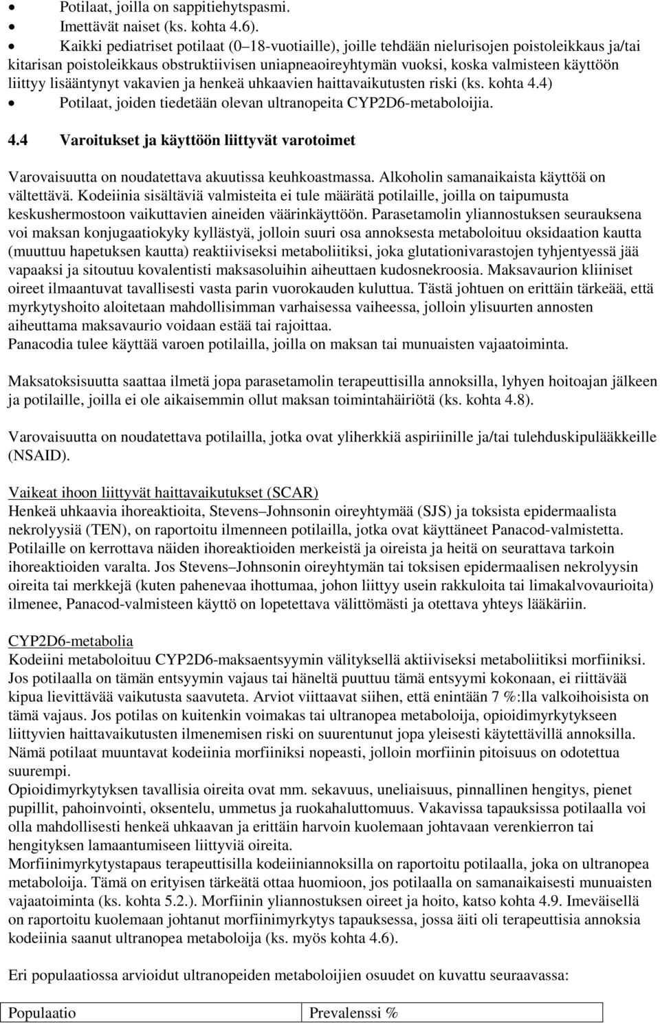 lisääntynyt vakavien ja henkeä uhkaavien haittavaikutusten riski (ks. kohta 4.4) Potilaat, joiden tiedetään olevan ultranopeita CYP2D6-metaboloijia. 4.4 Varoitukset ja käyttöön liittyvät varotoimet Varovaisuutta on noudatettava akuutissa keuhkoastmassa.