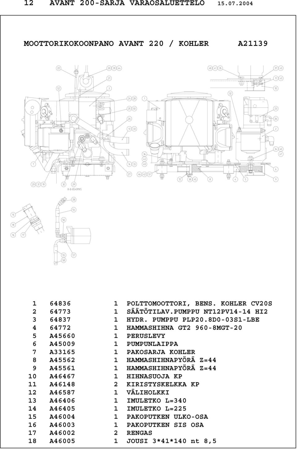 8D0-03S1-LBE 4 64772 1 HAMMASHIHNA GT2 960-8MGT-20 5 A45660 1 PERUSLEVY 6 A45009 1 PUMPUNLAIPPA 7 A33165 1 PAKOSARJA KOHLER 8 A45562 1 HAMMASHIHNAPYÖRÄ Z=44 9