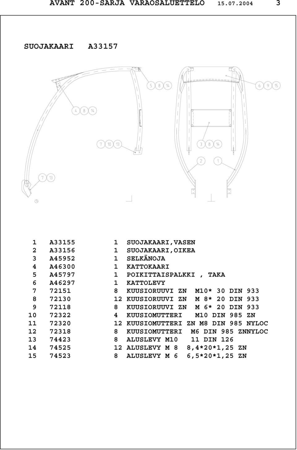 POIKITTAISPALKKI, TAKA 6 A46297 1 KATTOLEVY 7 72151 8 KUUSIORUUVI ZN M10* 30 DIN 933 8 72130 12 KUUSIORUUVI ZN M 8* 20 DIN 933 9 72118 8