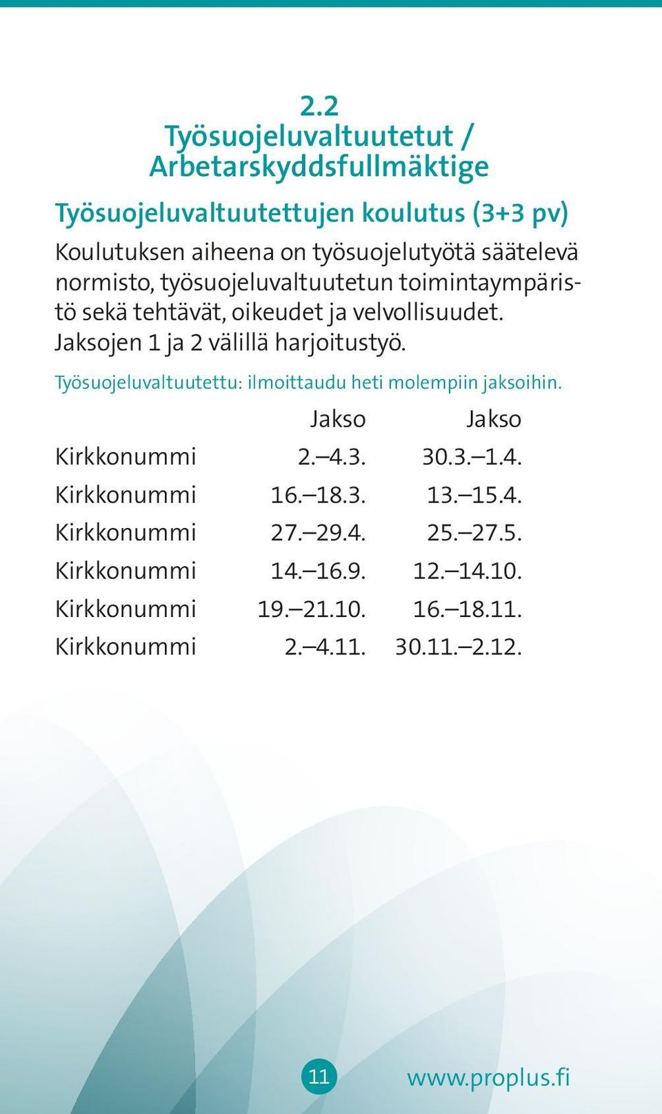 Työsuojeluvaltuutettu: ilmoittaudu heti molempiin jaksoihin. Jakso Jakso Kirkkonummi 2. 4.3. 30.3. 1.4. Kirkkonummi 16. 18.3. 13. 15.4. Kirkkonummi 27.