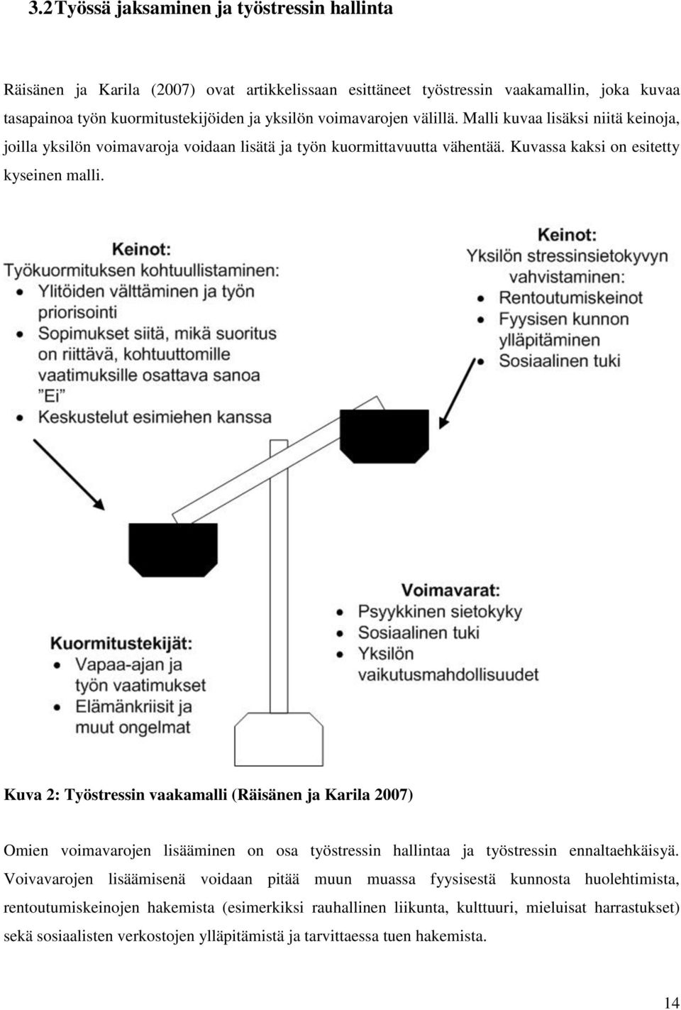 Kuva 2: Työstressin vaakamalli (Räisänen ja Karila 2007) Omien voimavarojen lisääminen on osa työstressin hallintaa ja työstressin ennaltaehkäisyä.