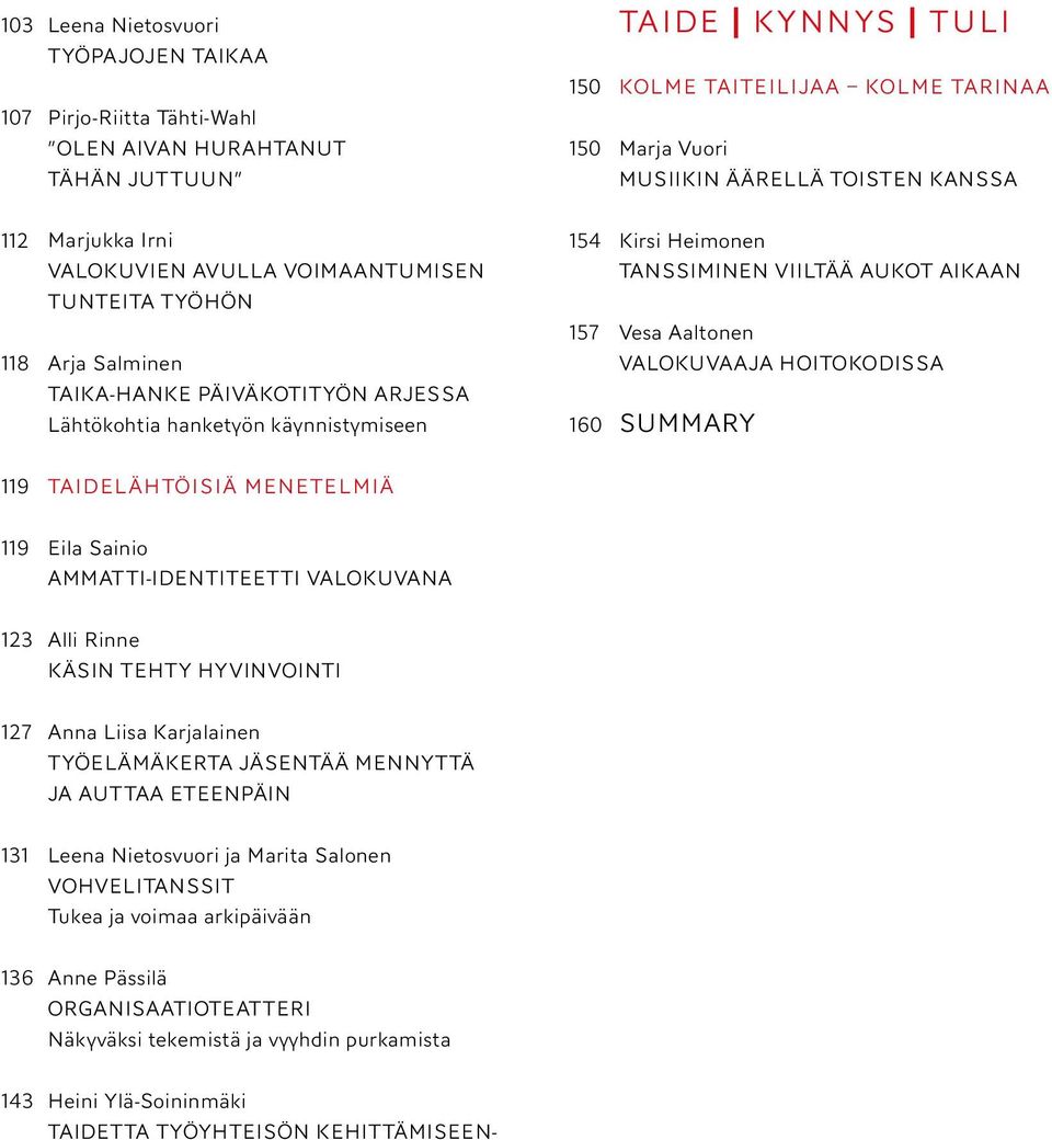 157 Kirsi Heimonen TANSSIMINEN VIILTÄÄ AUKOT AIKAAN Vesa Aaltonen VALOKUVAAJA HOITOKODISSA 160 SUMMARY 119 Eila Sainio AMMATTI-IDENTITEETTI VALOKUVANA 123 127 Alli Rinne KÄSIN TEHTY HYVINVOINTI Anna