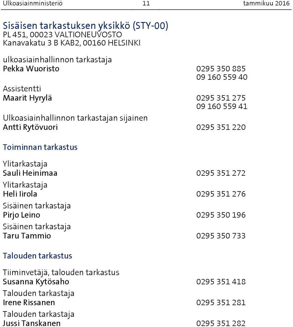 Ylitarkastaja Sauli Heinimaa 0295 351 272 Ylitarkastaja Heli Iirola 0295 351 276 Sisäinen tarkastaja Pirjo Leino 0295 350 196 Sisäinen tarkastaja Taru Tammio 0295 350 733